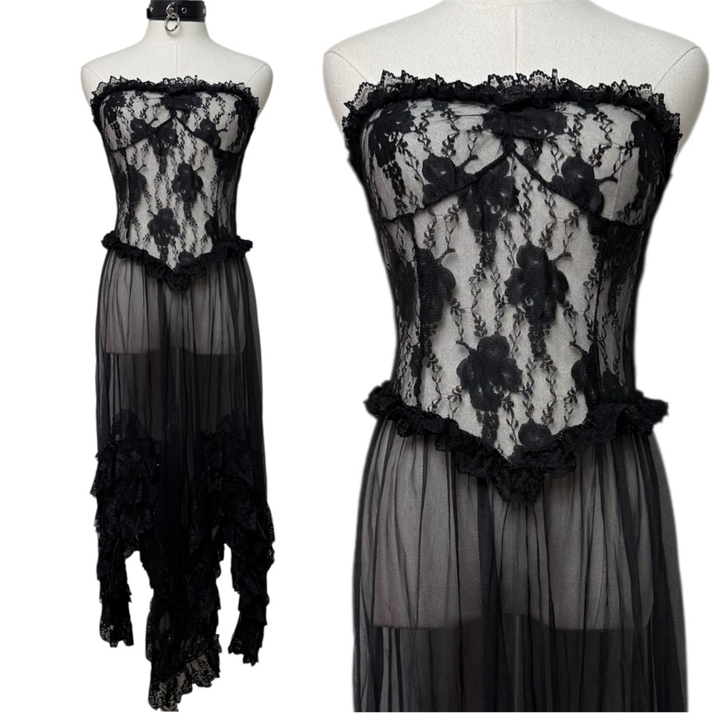 Vintage Andrea Kristoff Escante Black Goth Princess Lingerie Strapless Dress M